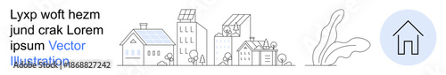 Architecture, urban planning, green energy, real estate, sustainability, future homes. Line art buildings with solar panels and home icon. Architecture and urban planning