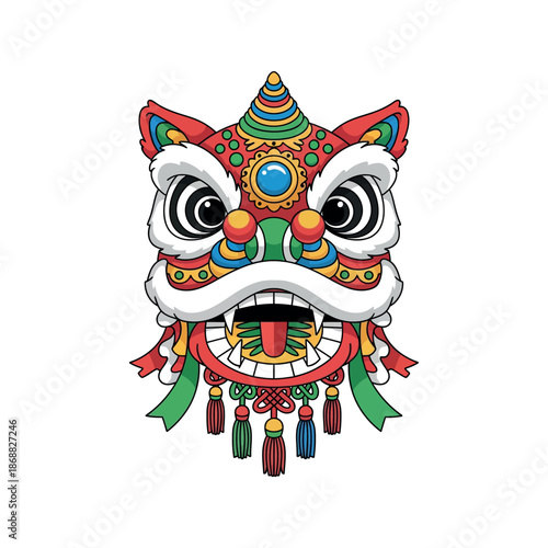 Vibrant lion dance head illustration with colorful decorations and tassels on white background