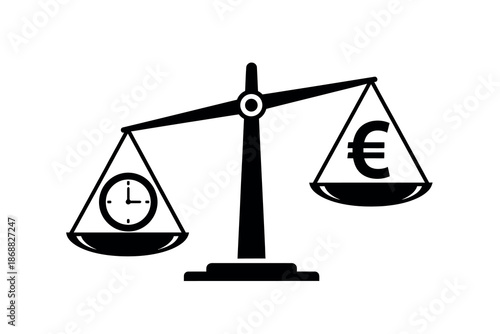 Balance scale with clock and euro symbol on white background