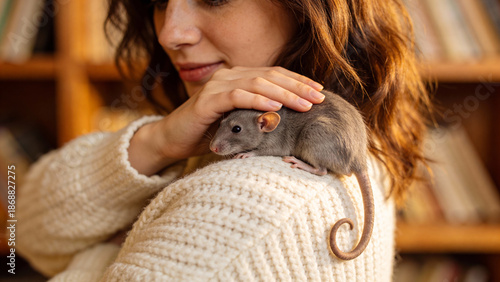 Woman petting rat sitting on shoulder in cozy environment. Soft grey rat rests comfortably on shoulder, sharing a warm moment with owner. Concept of companionship and pet ownership with cute rat.