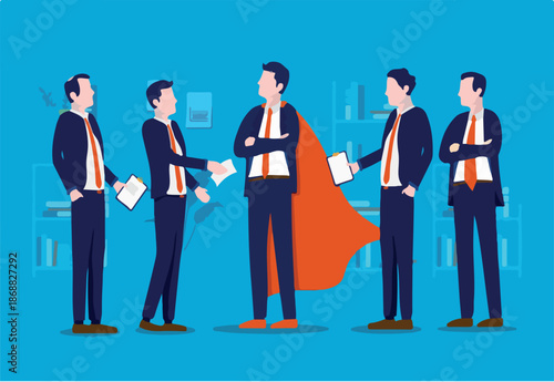 Office superhero - Businessman in cape at workplace with colleagues being the hero of the day. Best worker, great performance, and motivational concept. Vector illustration.