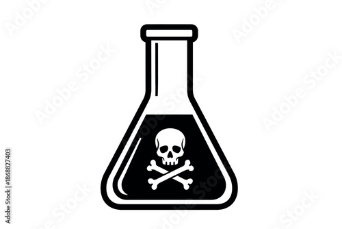 Black and white illustration of a flask with a skull and crossbones symbol