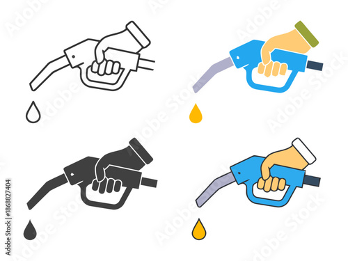 Set of hand holding fuel nozzle icons for gas station and service themes with outline, solid, and color