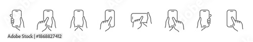 Set of hand holding smartphone icons illustrating various gestures and interactions with a mobile device, perfect for user interface and app design concepts