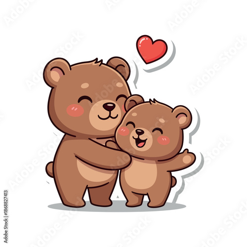 Two brown bears one big and one small hug each other with a red heart nearby
