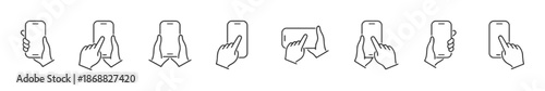 Set of hand holding smartphone icons illustrating various gestures and interactions with a mobile device, perfect for user interface and app design concepts