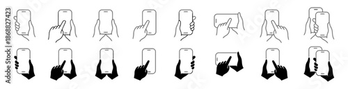 Set of Hand Holding Phone and Touch Screen Gestures Outline and Silhouette