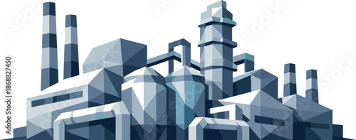 Geometric Factory Illustration. Low-poly vector illustration focused on a modern factory facility, polygonal geometric style with