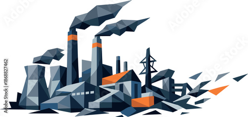 Geometric Factory Silhouette. Low-poly vector illustration focused on an industrial factory complex, polygonal geometric style
