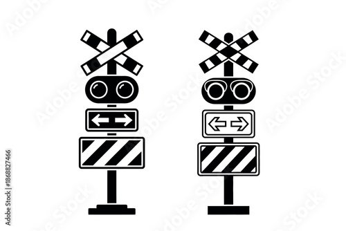 Railroad crossing signs with arrows on white background