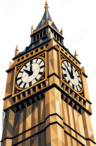 Geometric Big Ben Illustration. Low-poly vector illustration focused on Big Ben viewed from a low-angle perspective, polygonal