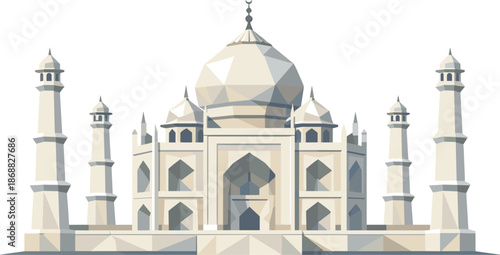 Low-Poly Taj Mahal. Low-poly vector illustration focused on the Taj Mahal viewed frontally, polygonal geometric style with sharp