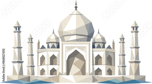 Minimalist Taj Mahal. Low-poly vector illustration focused on a minimalist Taj Mahal icon, polygonal geometric style with sharp