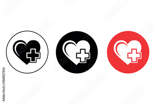 Medical heart icons with cross symbol in circle isolated on white background
