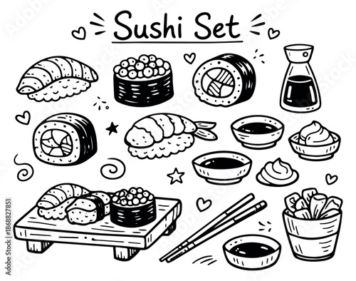 Hand drawn line art sushi set featuring nigiri, maki, and condiments for asian cuisine