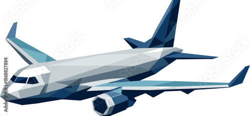 Geometric Airplane Illustration. Low-poly vector illustration focused on a passenger airplane viewed from a three-quarter angle,
