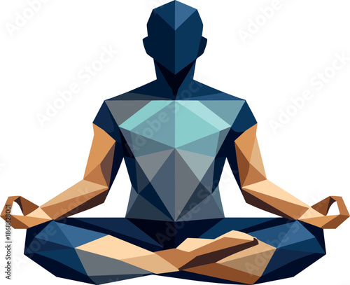 Geometric Meditative Balance. Low-poly vector illustration focused on a meditating yoga silhouette in lotus pose viewed frontally,