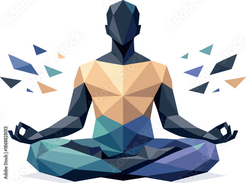 Polygonal Lotus Meditation. Low-poly vector illustration focused on a yoga lotus pose silhouette, polygonal geometric style with