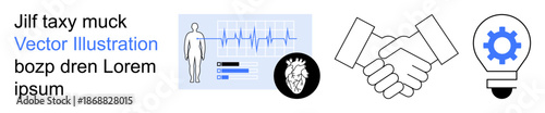 Healthcare technology, business collaboration, teamwork, innovation, diagnostics, human anatomy. A heart monitor with human graphics, handshake and lightbulb with gear. Healthcare technology