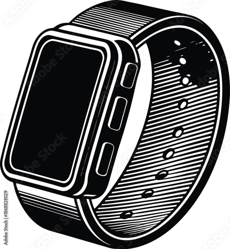 Black and white smartwatch with square face and striped band