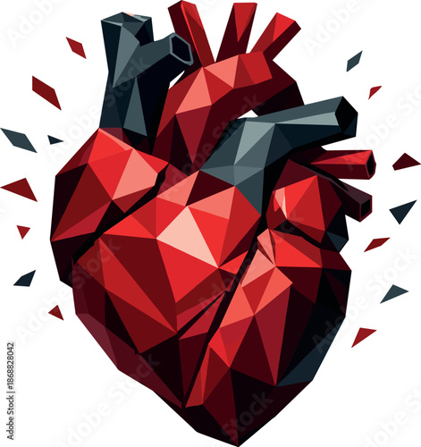 Geometric Heart Art. Low-poly vector illustration focused on an anatomical human heart, polygonal geometric style with sharp