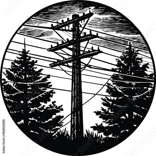 Black and white of power lines and pine trees circular frame