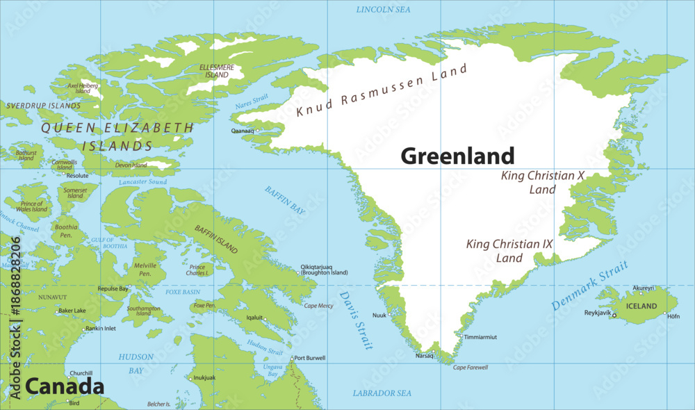 Obraz premium Vector political world map. Fragment of geographical atlas with greenland, iceland, denmark strait, labrador sea, canada, queen elizabeth islands, baffin and ellesmere island, hudson bay, reykjavik.
