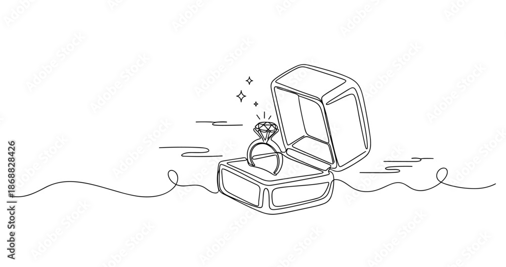 Fototapeta premium Minimalist line art of engagement ring in open box with sparkles. No editable strokes