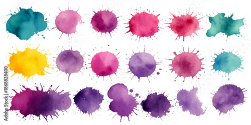 Collection of colorful abstract watercolor splashes and ink blot splatters showing grunge drops, stains, and blobs on white with dynamic artistic flow and texture