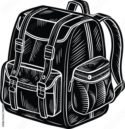 Black backpack with white outlines and straps