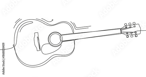 Continuous line drawing of an acoustic guitar with simple artistic design. No editable strokes