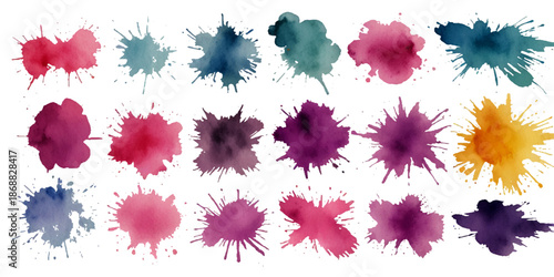 Collection of colorful abstract watercolor splashes and ink blot splatters showing grunge drops, stains, and blobs on white with dynamic artistic flow and texture