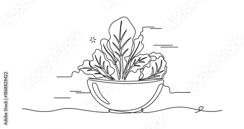 Line art of fresh lettuce leaves in bowl with minimalist design. No editable strokes