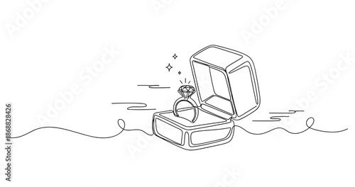 Minimalist line art of engagement ring in open box with sparkles. No editable strokes