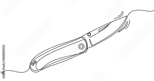 Minimalist line art of folding pocket knife with sharp blade and curved handle. No editable strokes