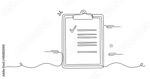 Minimalist line art of a clipboard with checklist and simple icons. No editable strokes