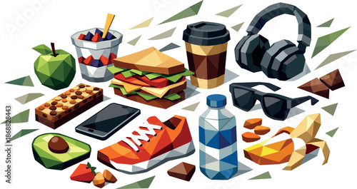 Modern Lifestyle Polygon Art. Low-poly vector illustration of food items and lifestyle objects arranged as a modern lifestyle