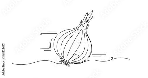 Continuous line drawing of an onion with abstract background elements. No editable strokes