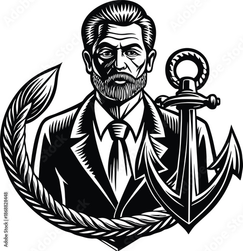 Bearded man in suit with anchor and rope