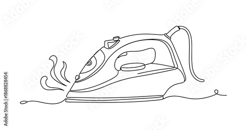 Continuous line art of a steam iron with cord and steam. No editable strokes
