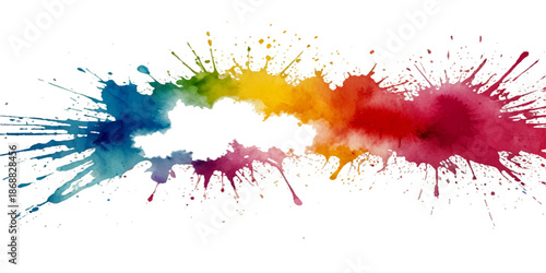 abstract rainbow creative horizontal banner from paint splashes. Bright colorful watercolor splash splatter stain brush strokes on white background. Modern vibrant aquarelle spot. Rainbow trendy
