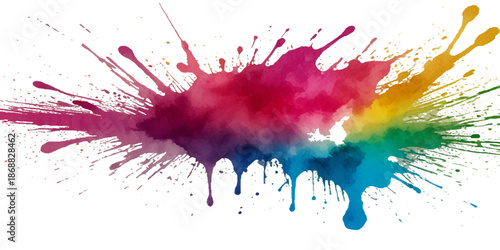abstract rainbow creative horizontal banner from paint splashes. Bright colorful watercolor splash splatter stain brush strokes on white background. Modern vibrant aquarelle spot. Rainbow trendy