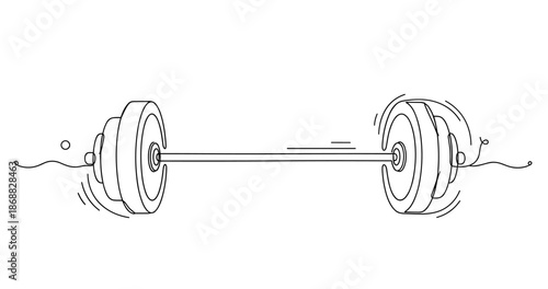 Simple continuous line drawing of a barbell with weight plates in motion. No editable strokes