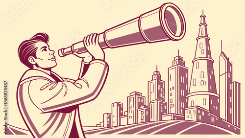 Visionary's Gaze: A determined individual peers through a telescope, gazing towards a modern cityscape.