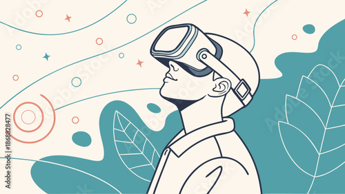 Gazing into the Metaverse: A person wearing a virtual reality headset with an adventurous look, exploring new digital dimensions, accompanied by a dynamic abstract design.