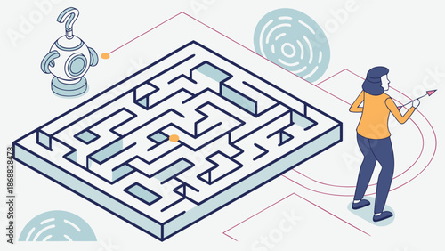 Navigating the Labyrinth: A person with a strategic approach navigates a complex maze, guided by insightful thinking, while an innovative bot observes.