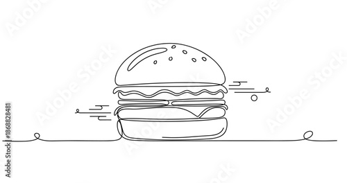 Continuous line drawing of a cheeseburger with lettuce and tomato on bun. No editable strokes