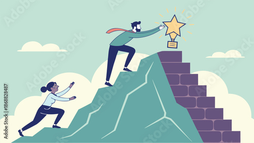 Reaching the Summit: A dynamic depiction of individuals scaling a mountain to achieve a trophy, a metaphor for achieving ambitious targets.