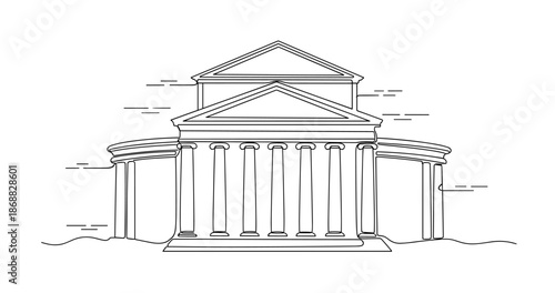 Line art illustration of classical greek architecture with columns and pediment. No editable strokes