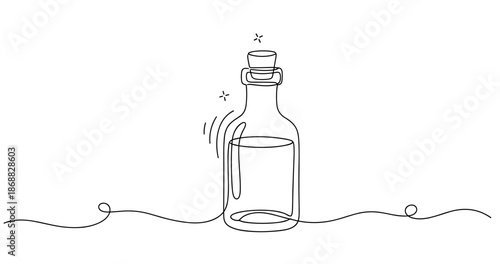 Minimalist line art of bottle with cork and sparkles. No editable strokes